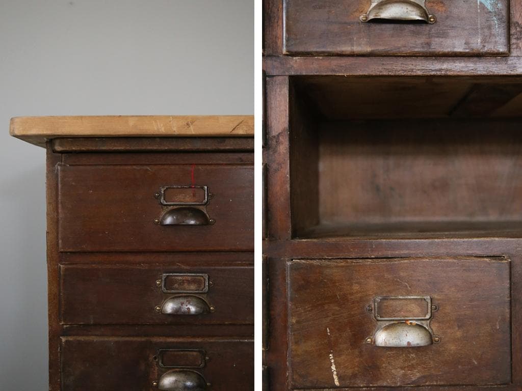 英国アンティーク21杯ドロワー付ショップカウンター/木製机テーブル(83