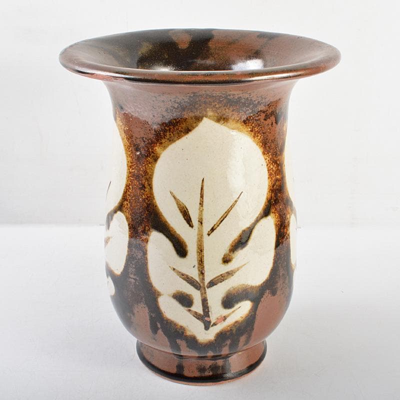 人間国宝 濱田庄司作 鉄絵 葉文 掛方花瓶 共箱 M R5960B
