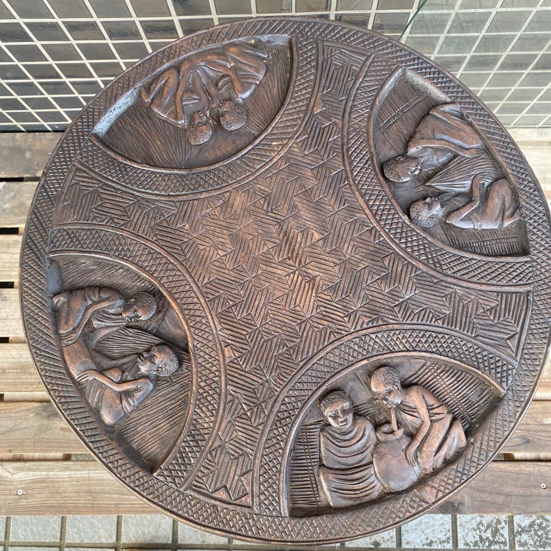 ヴィンテージテーブル 木彫 ガラス天板 インテリア 店舗什器 アフリカ