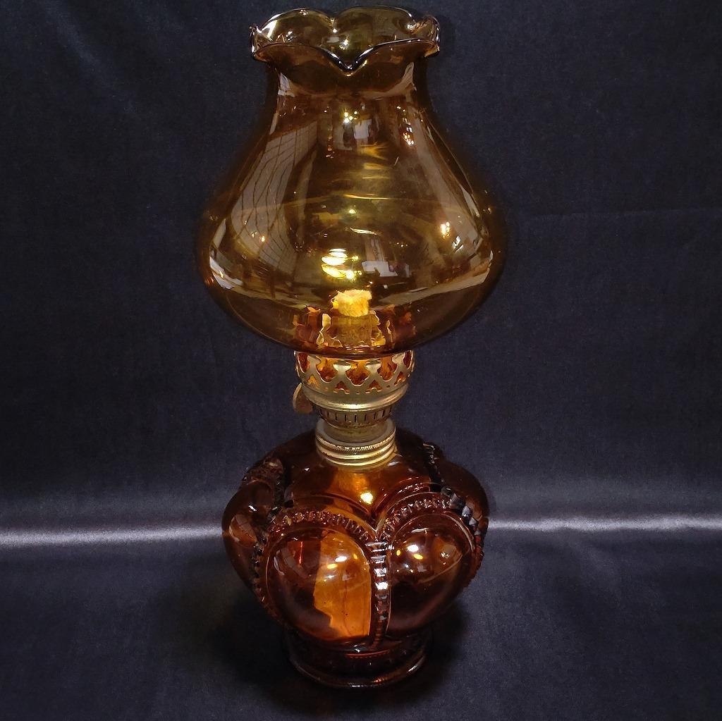 オイルランプ 硝子製 古硝子 琥珀色 最大直径約130㎜ 高さ約