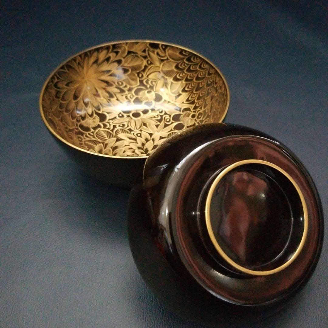 黒漆塗 内総沈金 菊花紋詰 吸物椀 汁椀 茶道具 懐石 菓子椀　1客