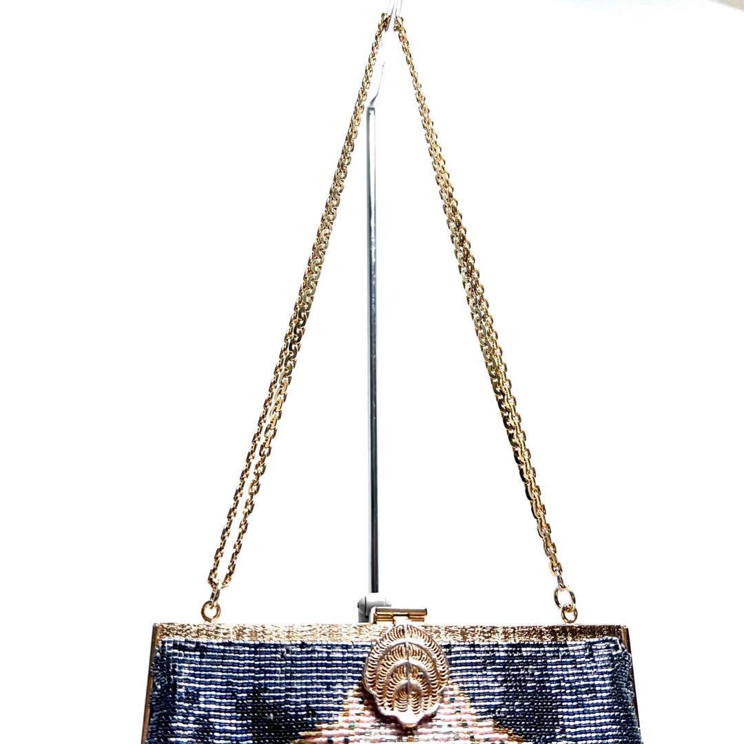 【美品】メタルビーズ刺繍 /デリカビーズ・フリンジ/ビーズバッグ/ハンドバッグ