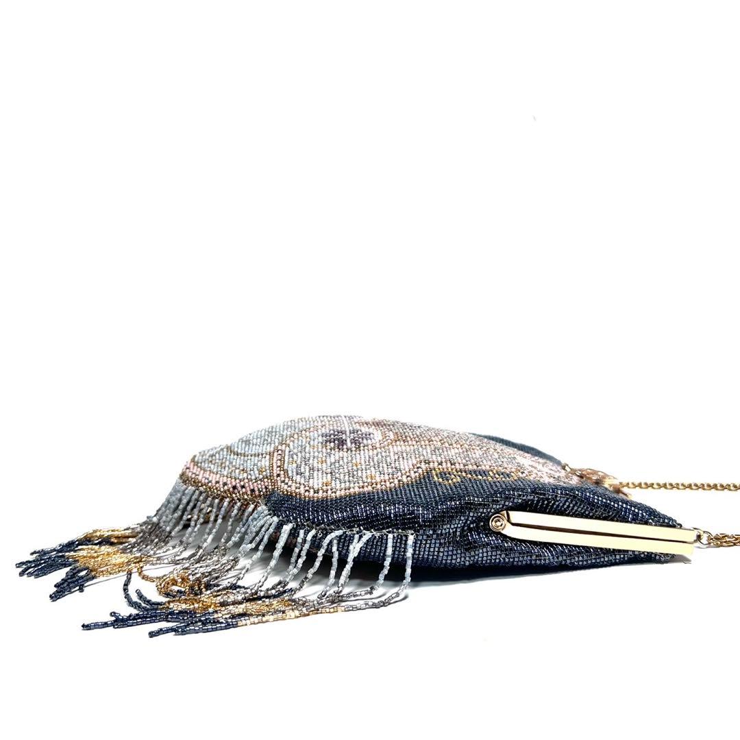 【美品】メタルビーズ刺繍 /デリカビーズ・フリンジ/ビーズバッグ/ハンドバッグ