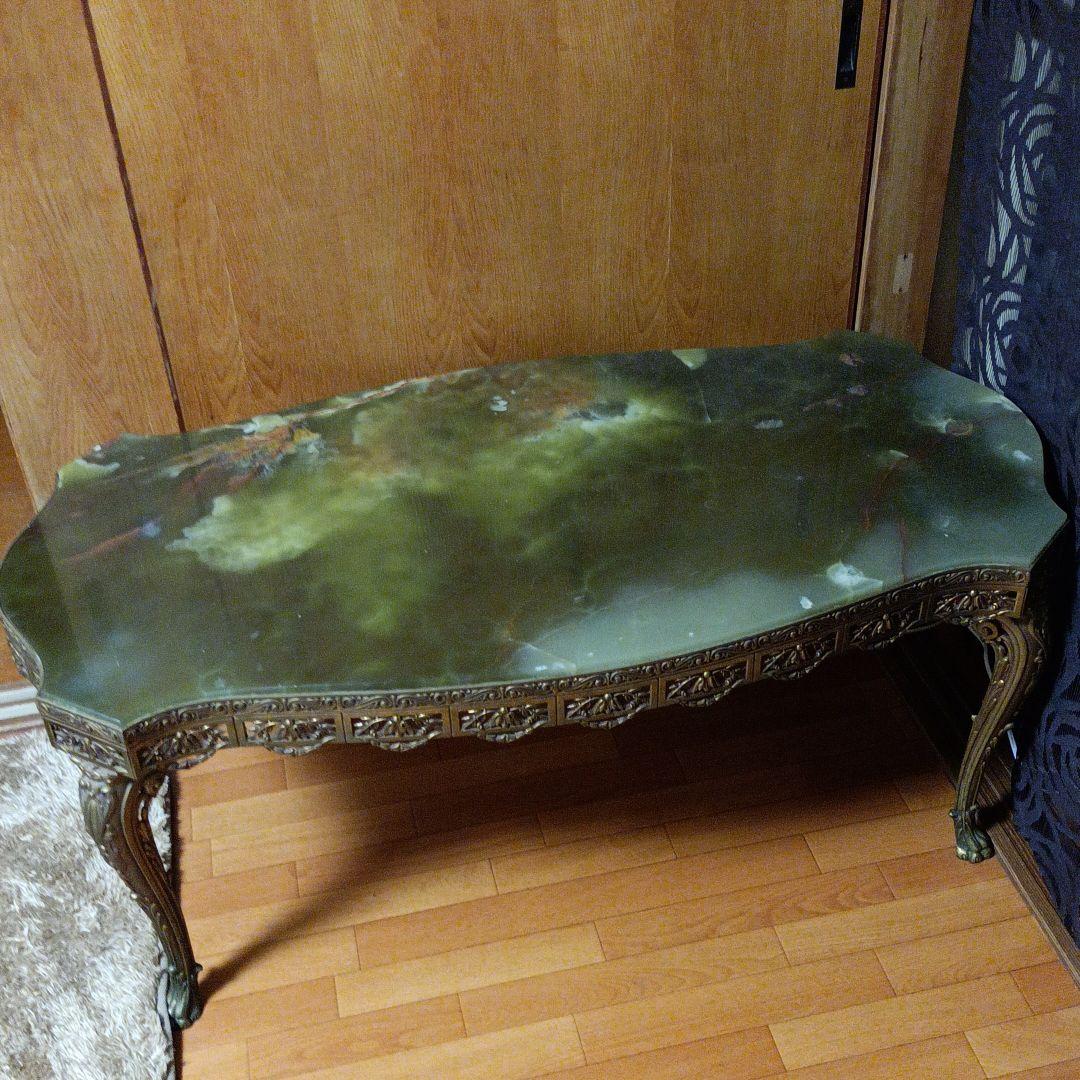 高級】ビンテージ グリーンマーブル模様が美しい 大理石 ビッグテーブル