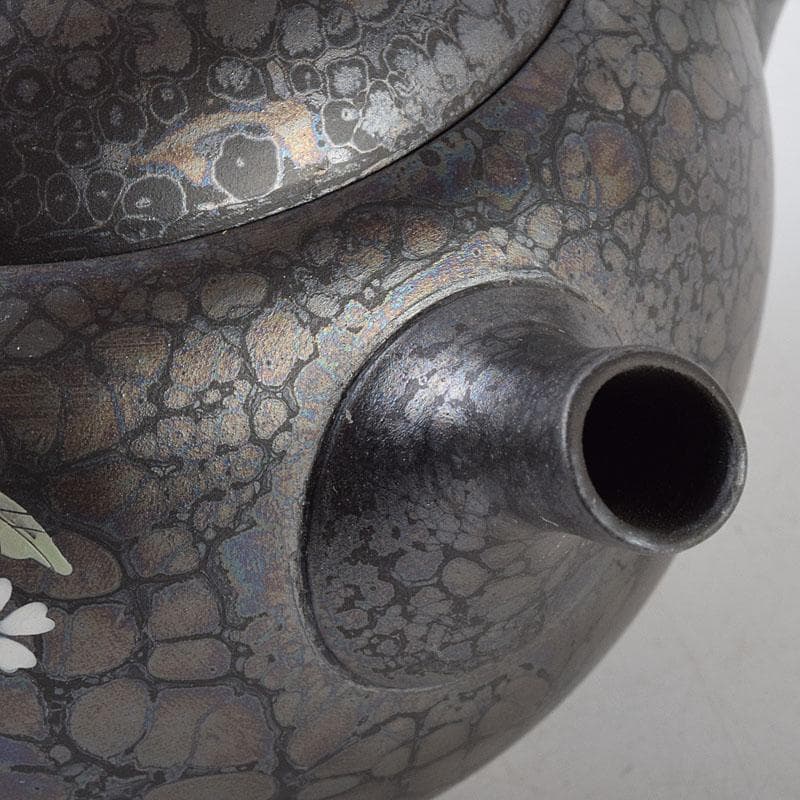 常滑焼　昭龍作　天目釉　福型小花文　急須　茶注　共箱　V　R9218