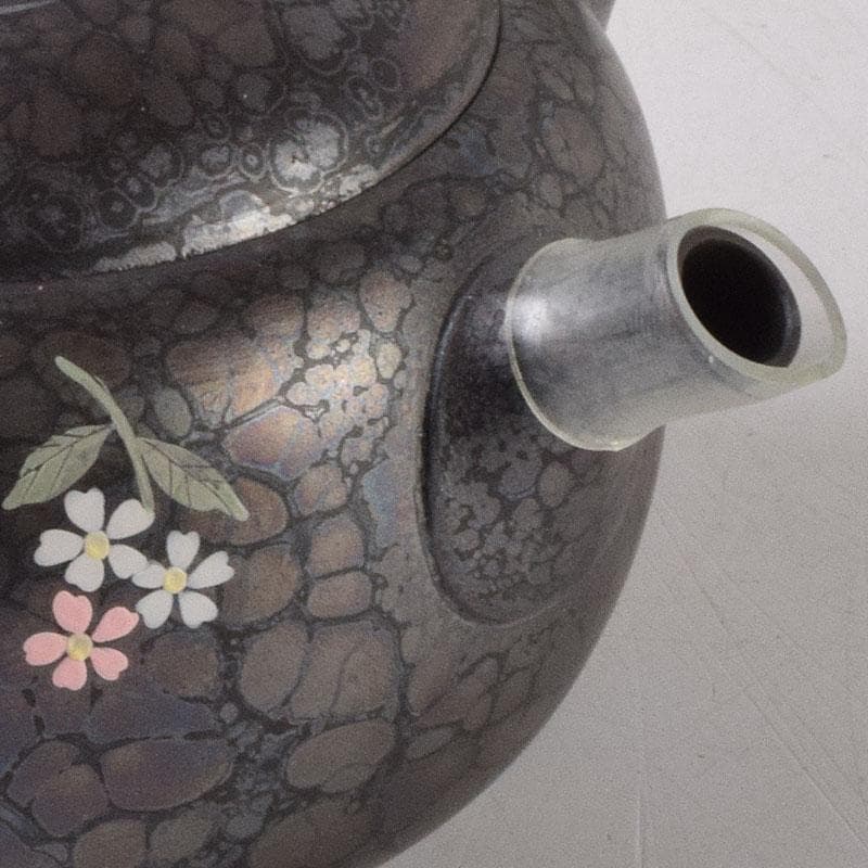 常滑焼　昭龍作　天目釉　福型小花文　急須　茶注　共箱　V　R9218