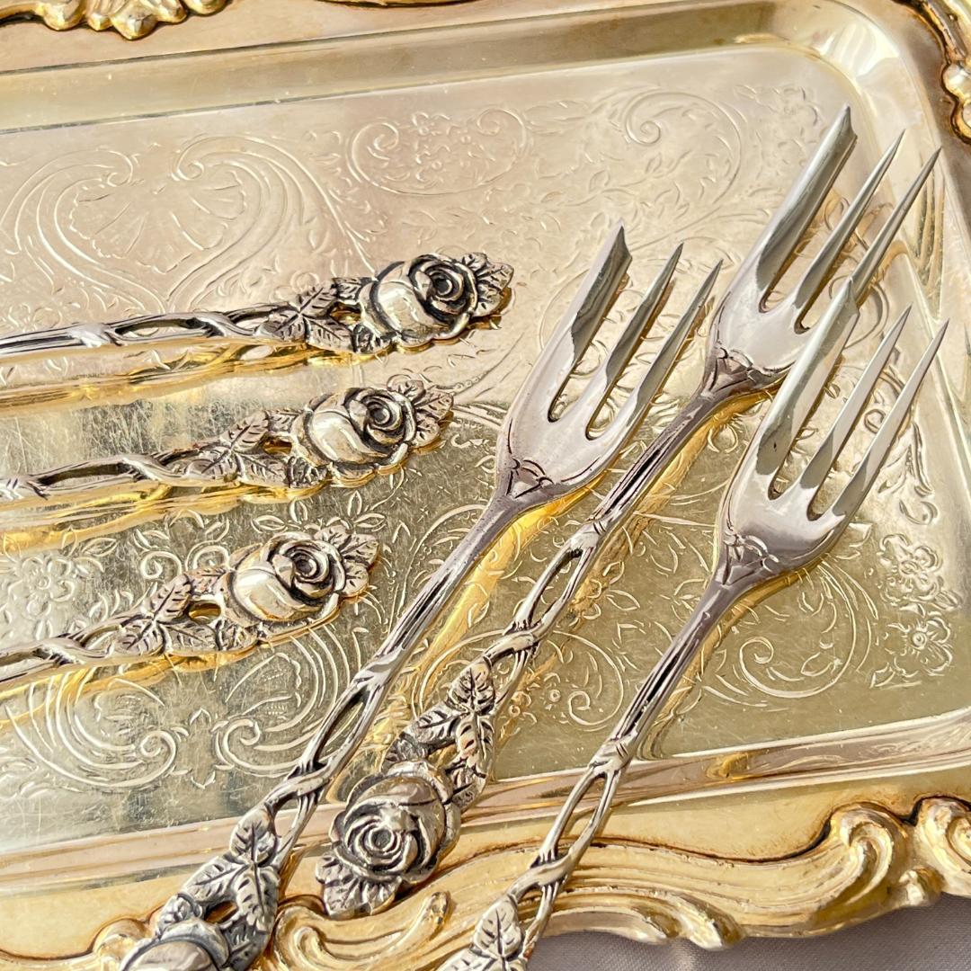 Adam Manns】 薔薇のケーキフォーク 6本【純銀】ヒルデスハイムローズ