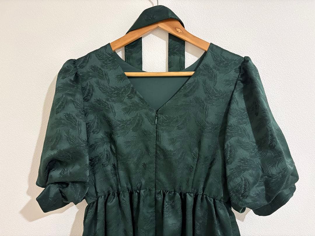 etoll.　ジャガードパフスリーブドレス　グリーン　Mサイズ