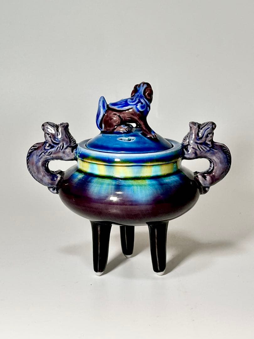 人間国宝 三代徳田八十吉 碧明釉三足香炉 九谷焼 人間国宝