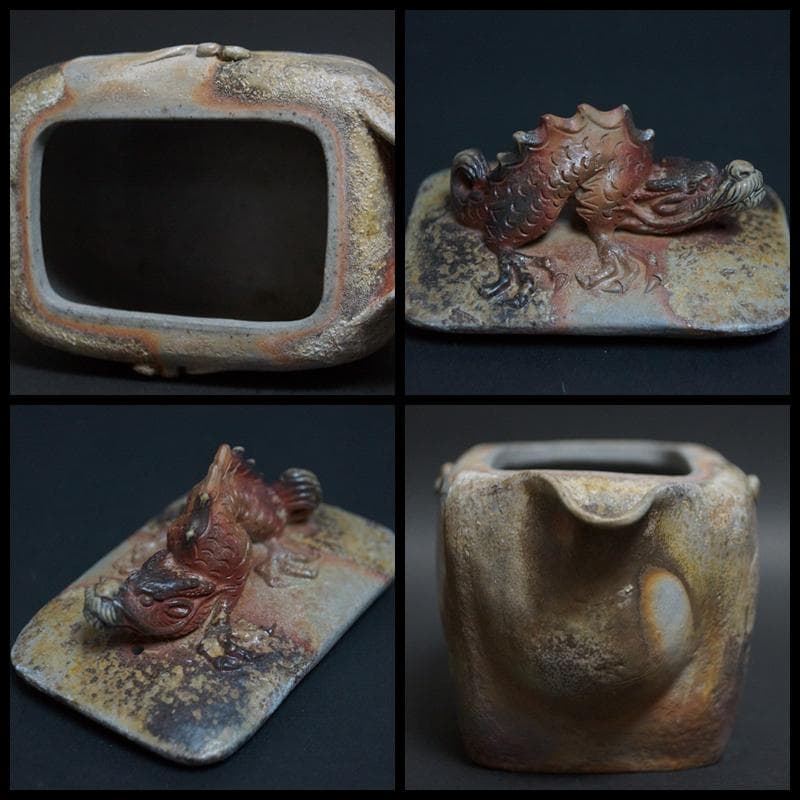 備前焼 小西陶古造 窯変 細工浮彫り立体『雲龍』角宝瓶 急須