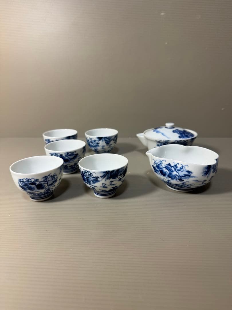 2334 平安草仙 染付青花 茶器セット 宝瓶1客 湯冷し1客 湯呑5客 鉢付き