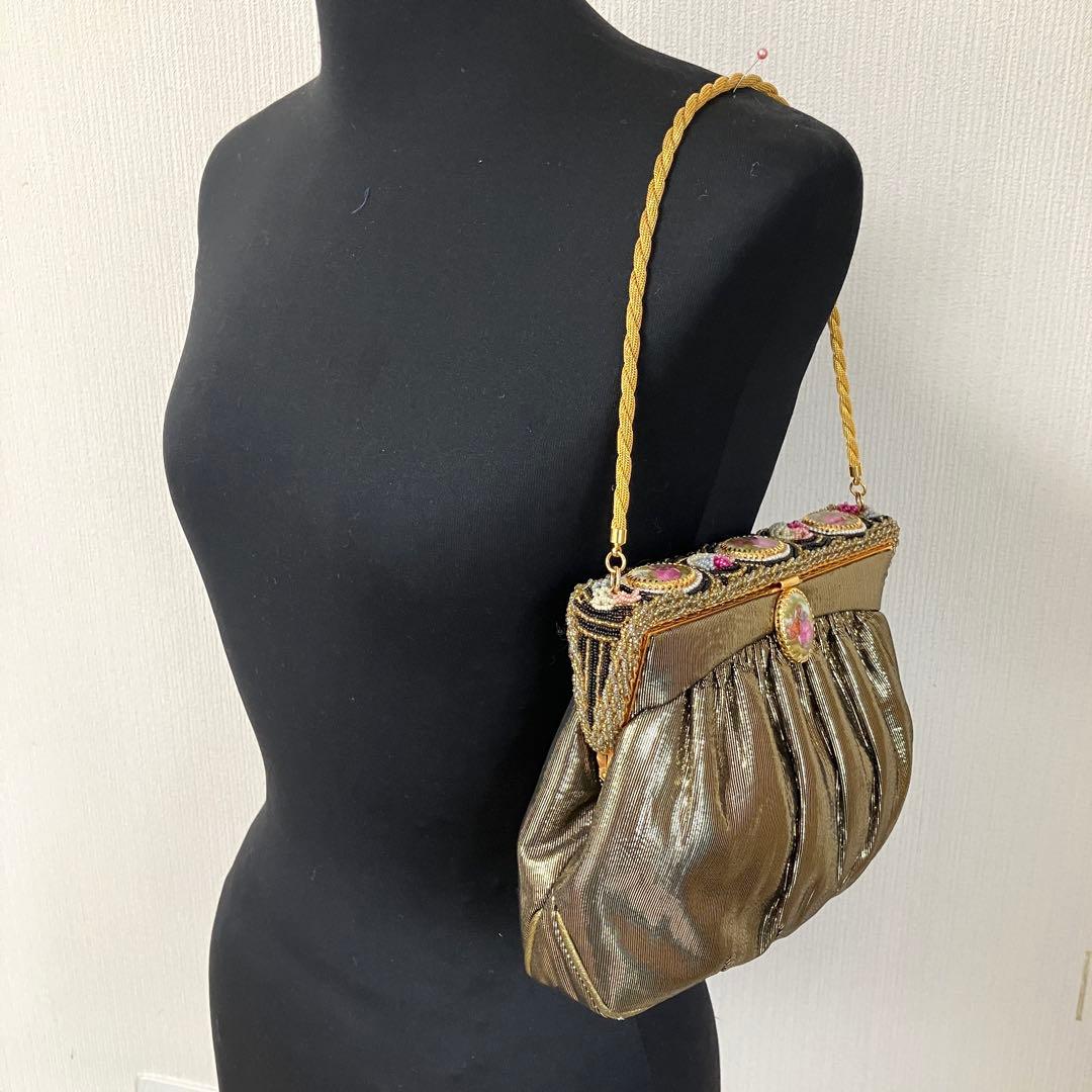 フランス　アンティークデザイン　パーティバッグ　シックゴールド＆陶器＆ビーズ