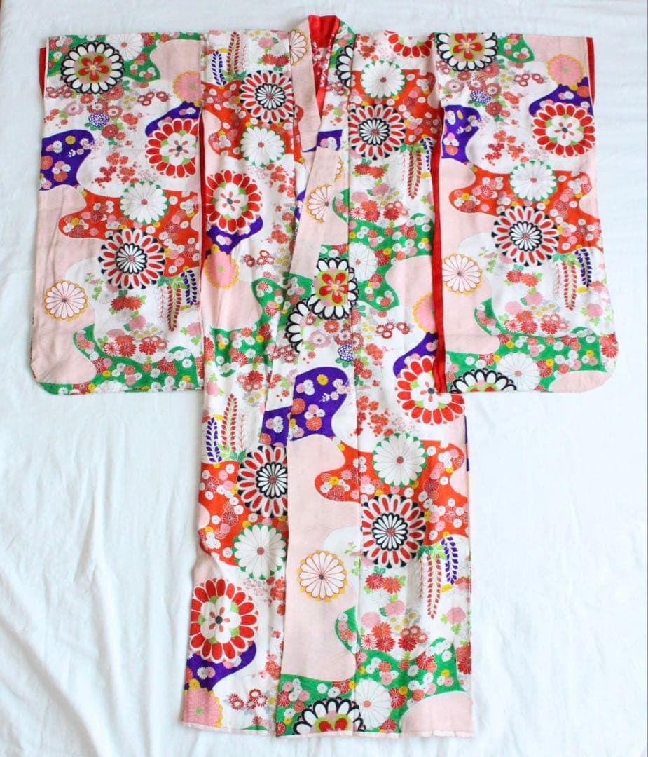 七五三 7歳 女の子 子供 アンティーク ピンク 正絹 着物 帯 セット