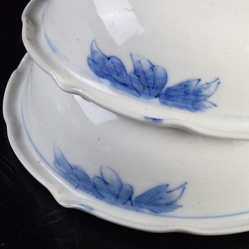 瀬戸焼 古瀬戸 染付 花蝶文 饂飩皿 六客 時代箱付