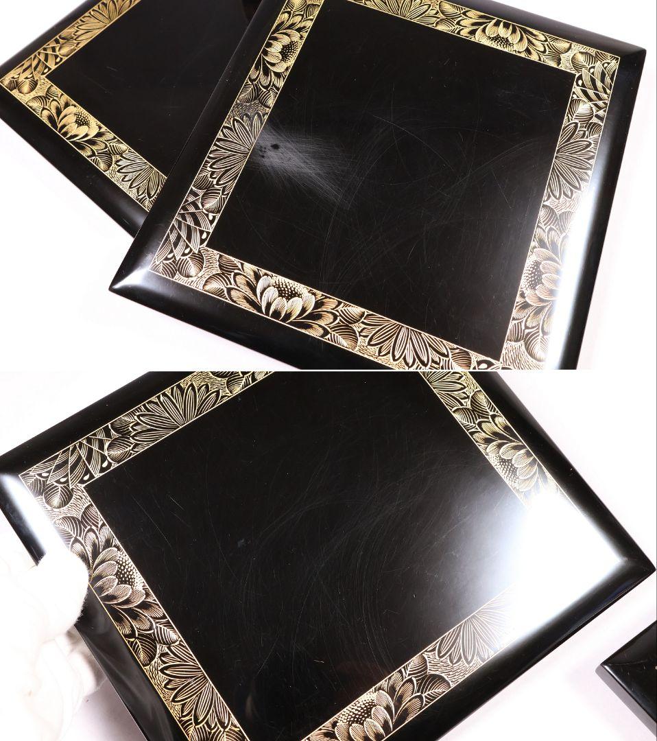 輪島塗 沈金 菊花 五段重箱 蓋2枚 黒塗 内朱塗 木製漆器 漆芸【MB56】