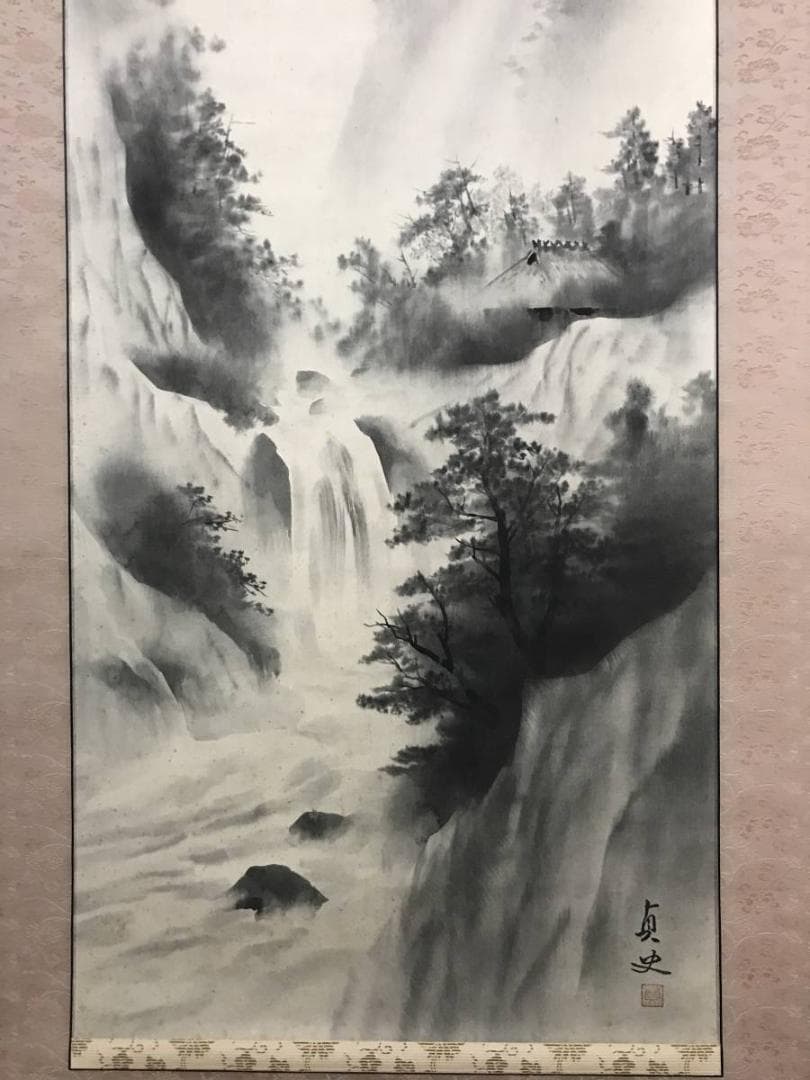 【真作】羽多埜貞史/山水図/掛軸/名家伝来/AB-814