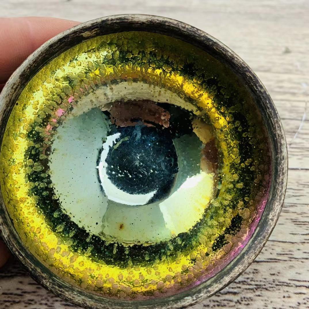 中国古美術・旧蔵の磁器・建窯七彩油滴包銀口盞・置物・