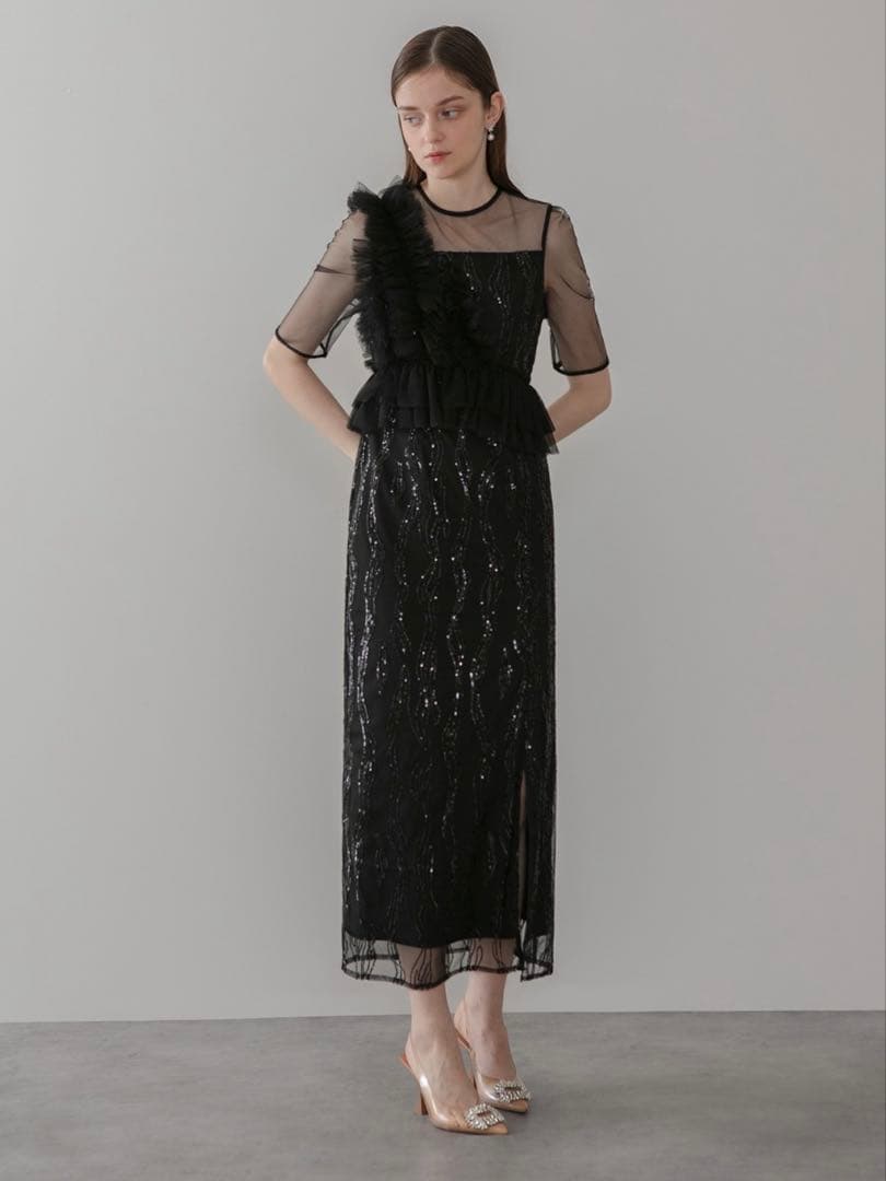 アシンメトリーフリルチュールIラインワンピースドレス結婚式二次会パーティー成人式