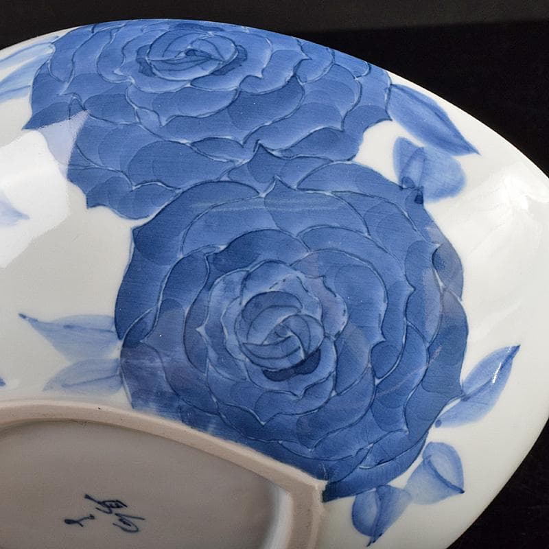 陶芸家 黒部駒子作 染付 椿文 楕円鉢 共箱 V R9347