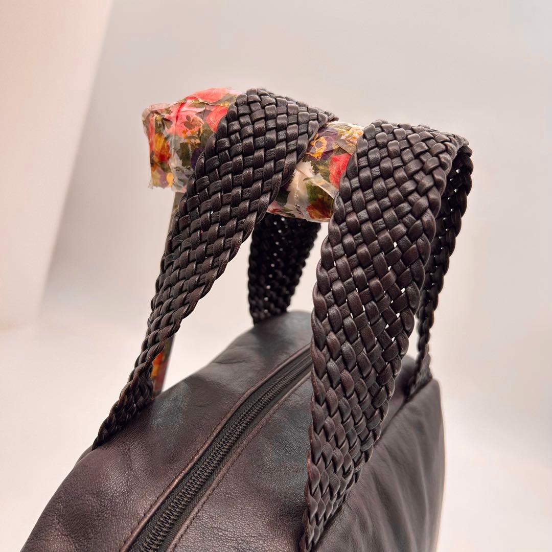 良品　ヨーガンレール　ハンドバッグ　持ち手編み込み　オールレザー　ブラウン