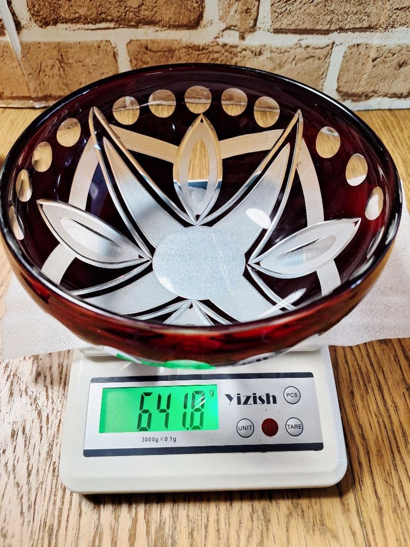 未使用！江戸切子 江戸被切子 深鉢 赤きりこ 18cm サラダボール 硝子鉢