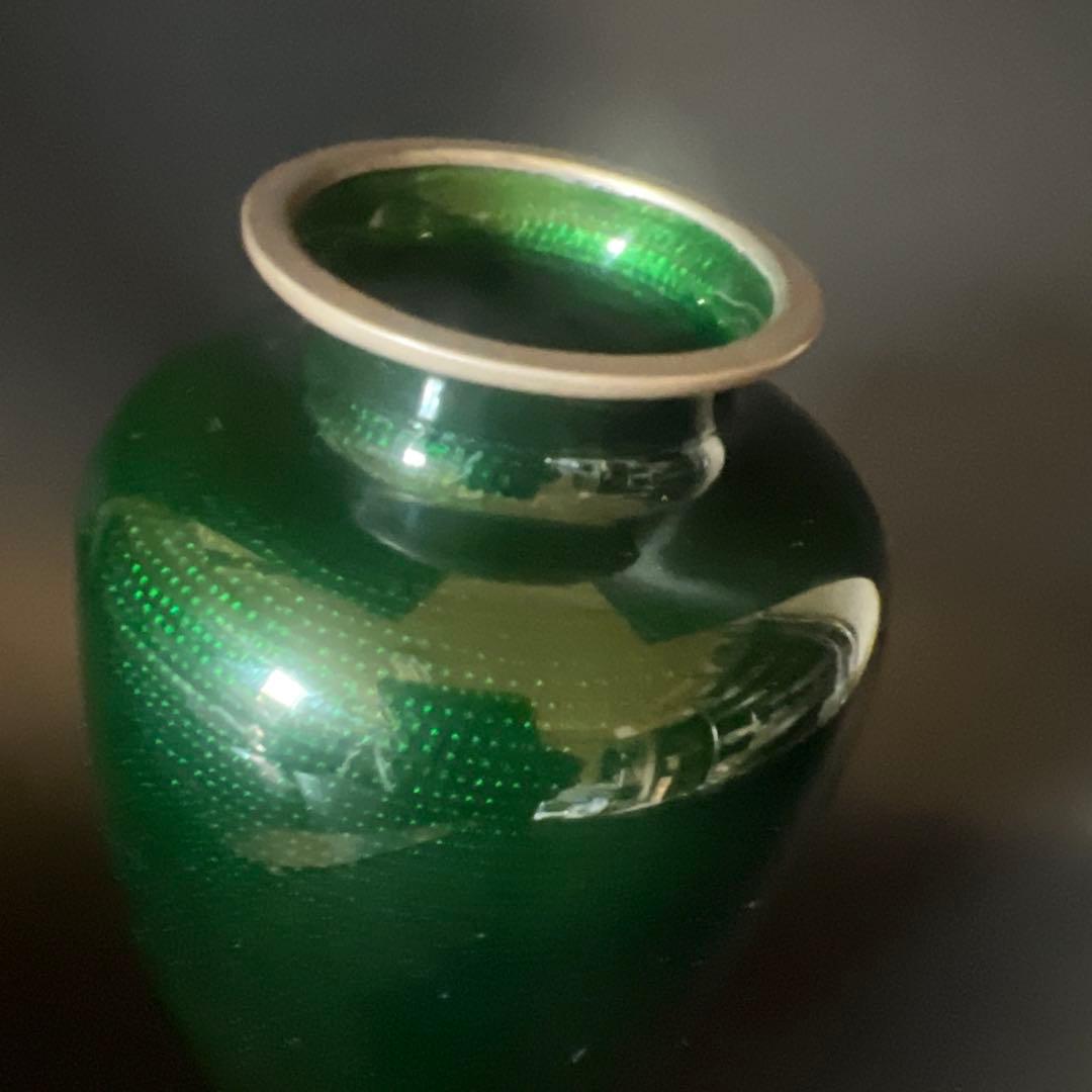 安藤七宝焼 梅菊竹 珍しい深緑系 花入れ 花瓶 華道 刻印有 極上工芸 金属