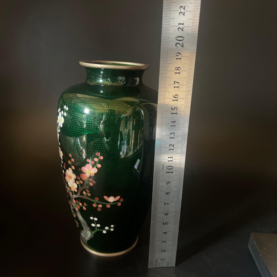 安藤七宝焼 梅菊竹 珍しい深緑系 花入れ 花瓶 華道 刻印有 極上工芸 金属