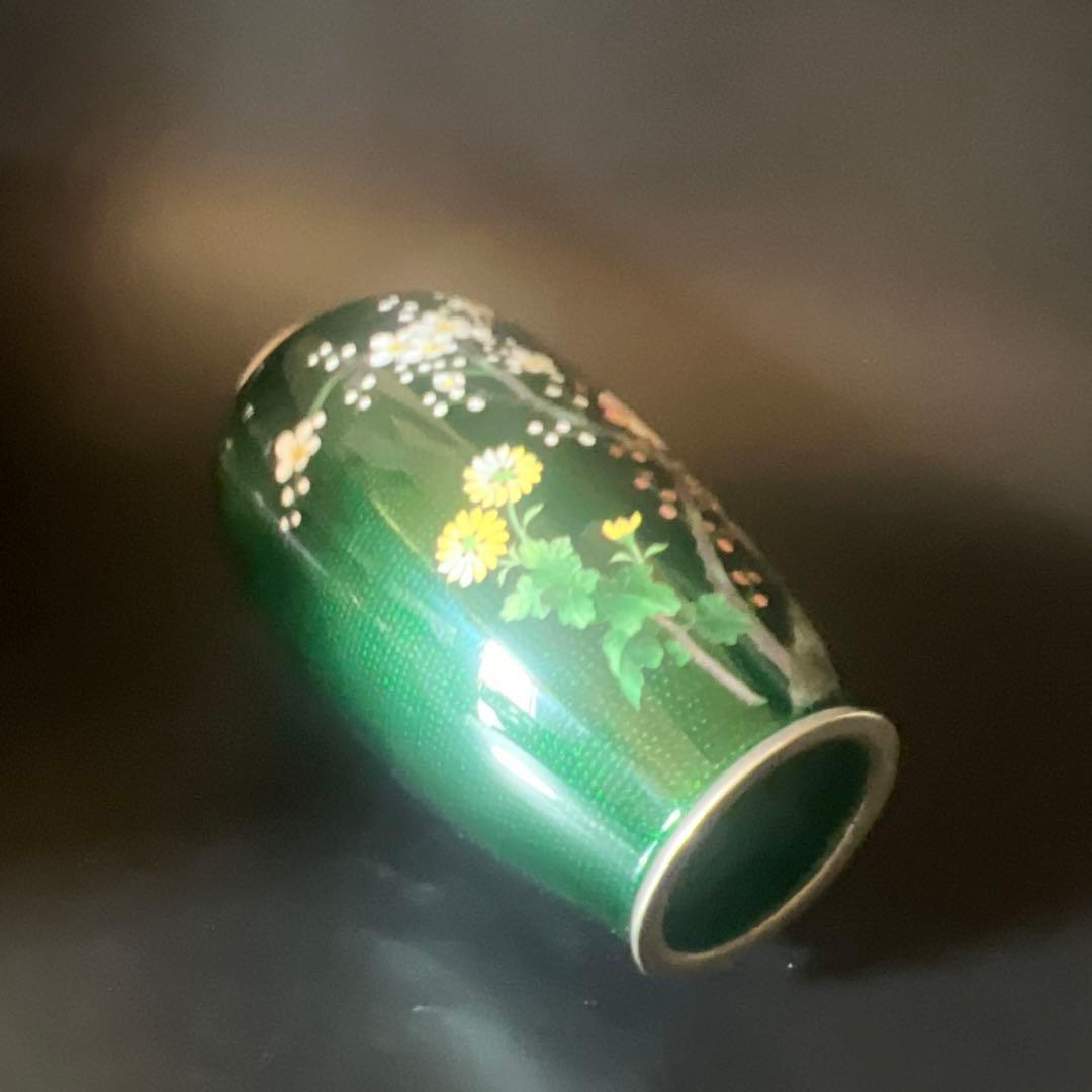 安藤七宝焼梅菊竹珍しい深緑系花入れ花瓶華道刻印有極上工芸金属工芸