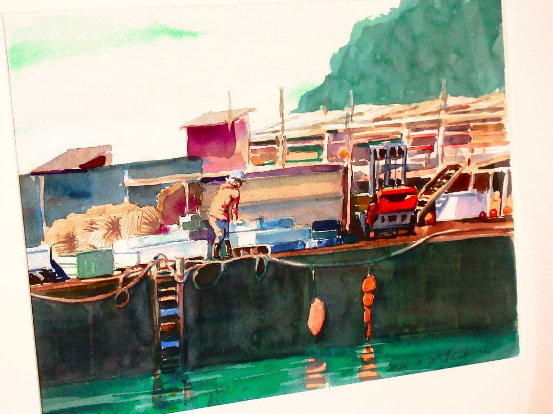 水彩画 漁港の風景 原画 F6サイズ 額縁付き