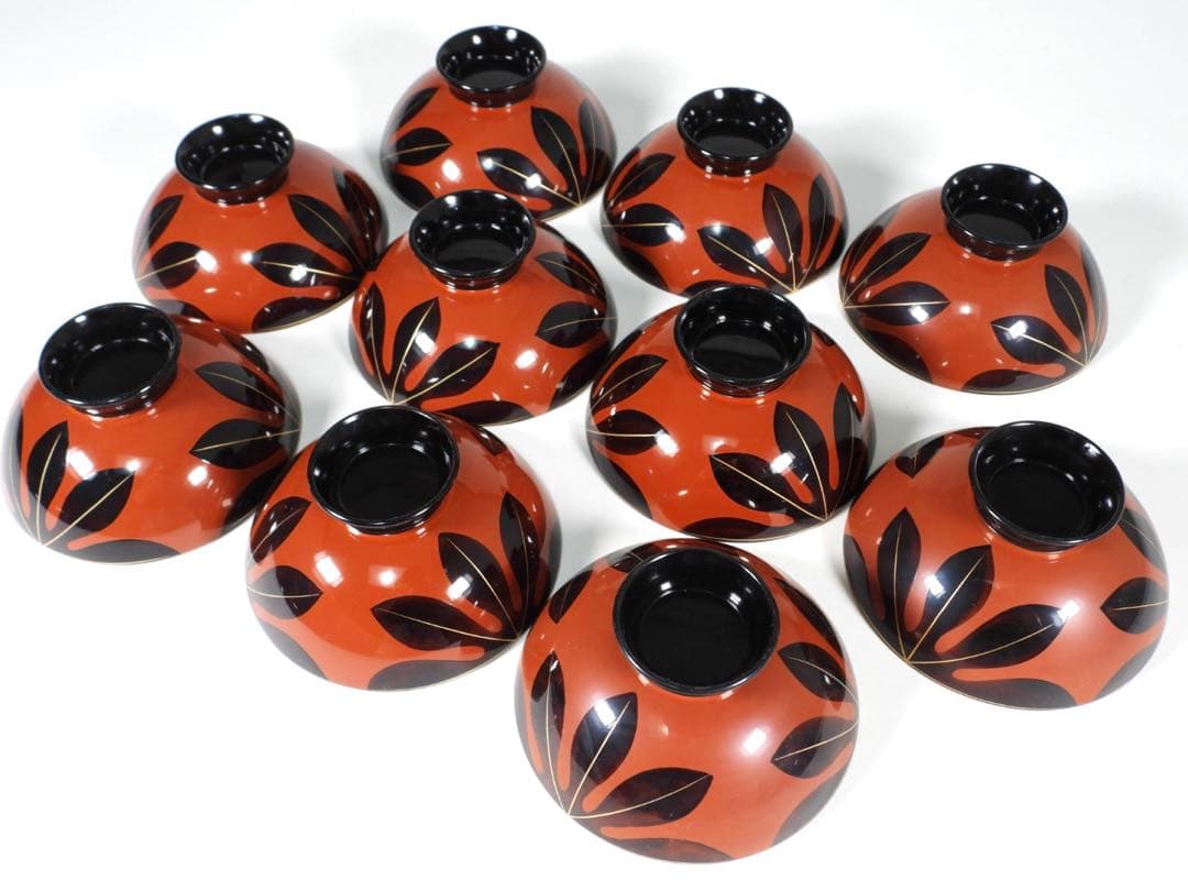 輪島塗 木製漆器 沈金 葉 蓋椀 吸物椀 汁椀 10客