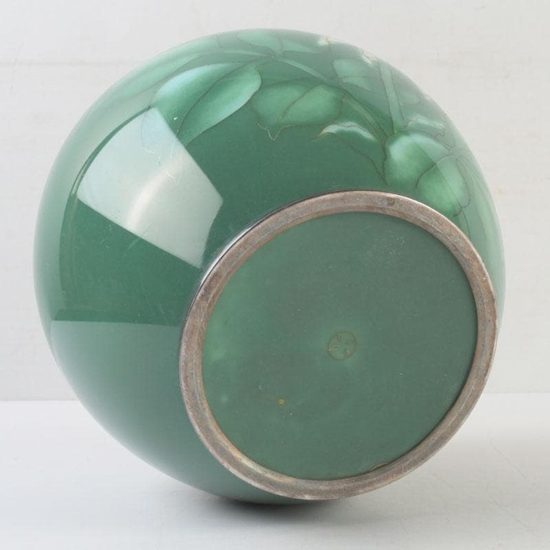 七宝焼 安藤七宝店 純銀刻印 緑釉 花文 花瓶 V 9659