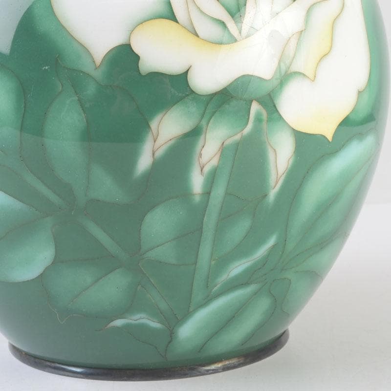 七宝焼 安藤七宝店 純銀刻印 緑釉 花文 花瓶 V 9659