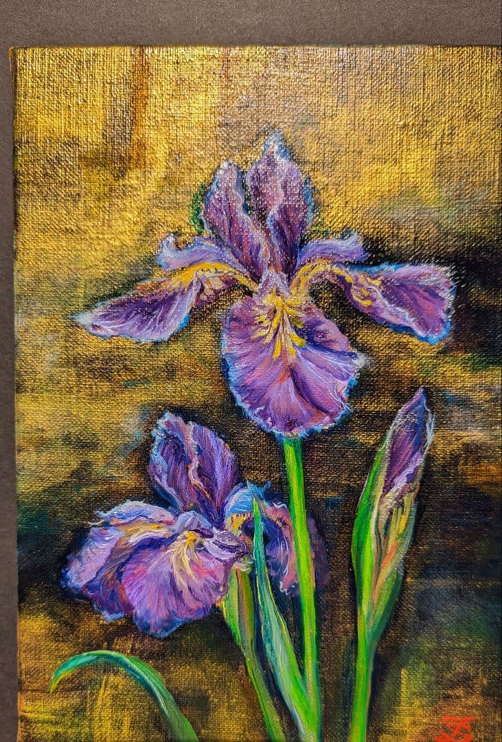 油絵絵画「あやめ」油絵　サムホールキャンバス　画家出品　花絵画【額なし】風景画