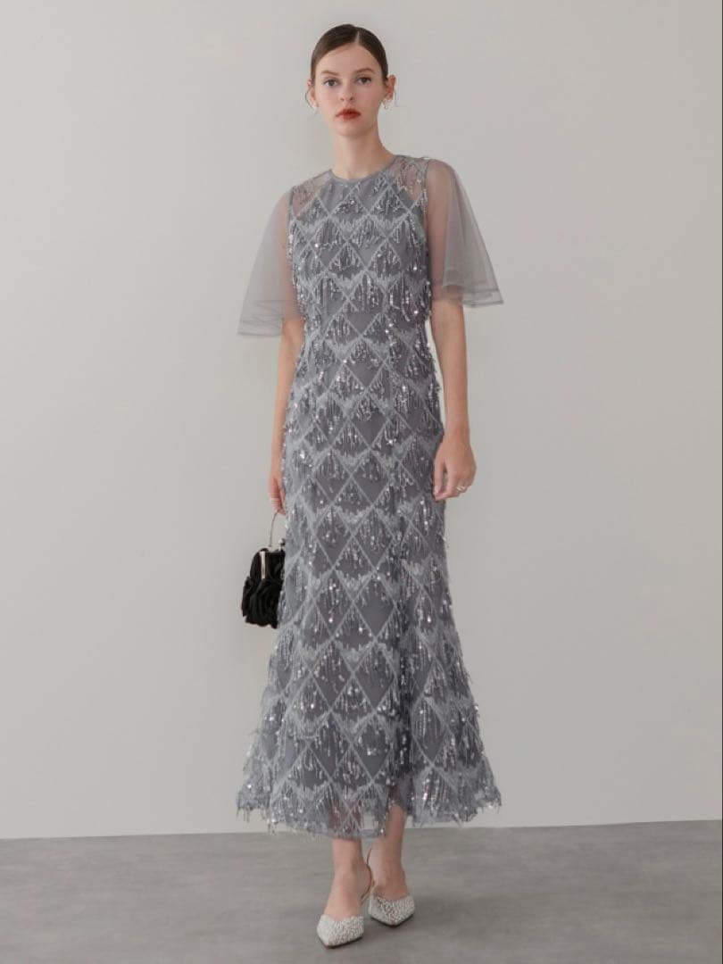 チュールスリーブスパンコールマーメイドワンピースドレス結婚式パーティー成人式