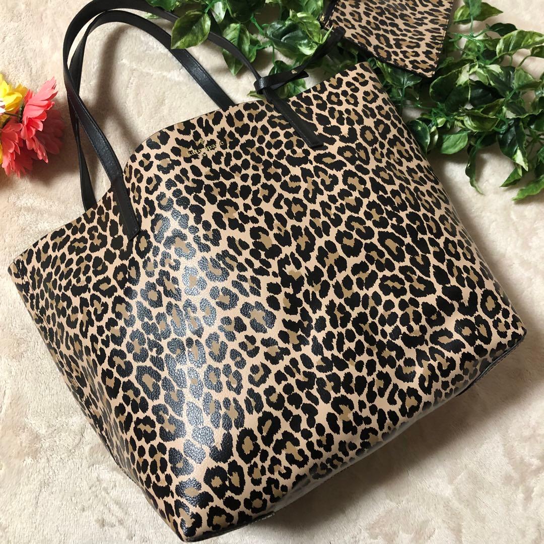極美品　ケイトスペード　トートバッグ　リバーシブル　ポーチ付き　レオパード柄　黒