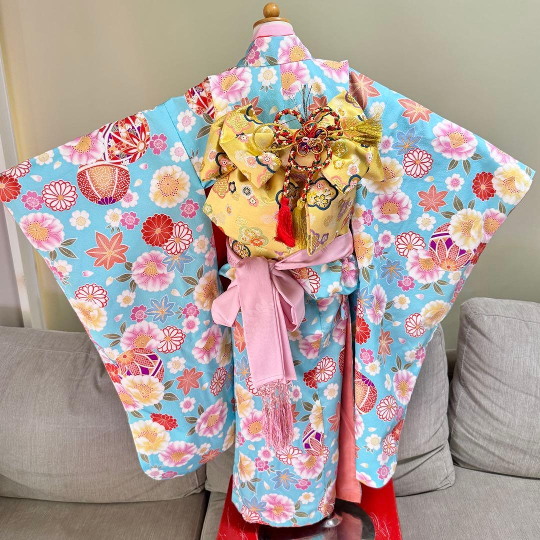 七五三着物帯セット　7歳　紺　水色黄色帯