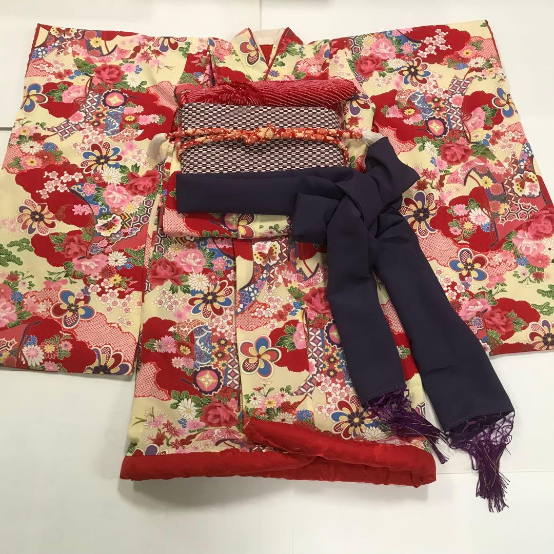 七五三　舞妓　女の子着物　アンティーク調　ちりめん　絞り柄　桜　だらり帯