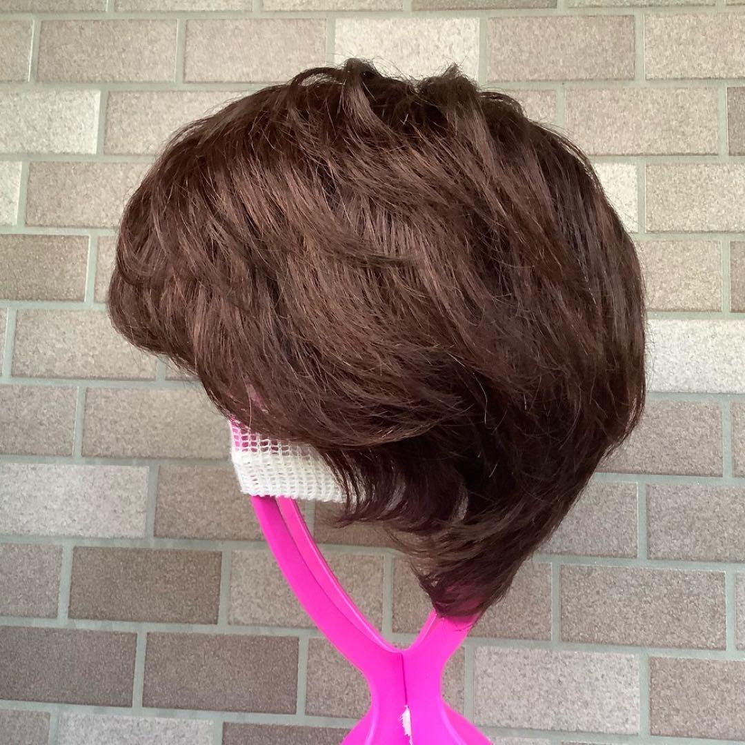 人毛100% 手植えフルウィッグ 医療ウィッグ ショートカール ダークブラウン