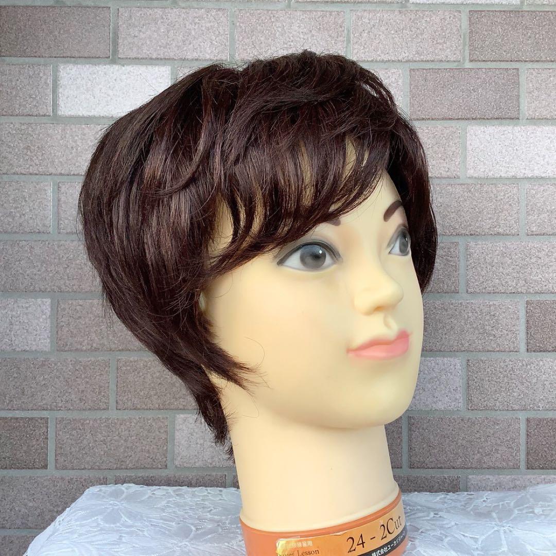 人毛100% 手植えフルウィッグ 医療ウィッグ ショートカール ダークブラウン