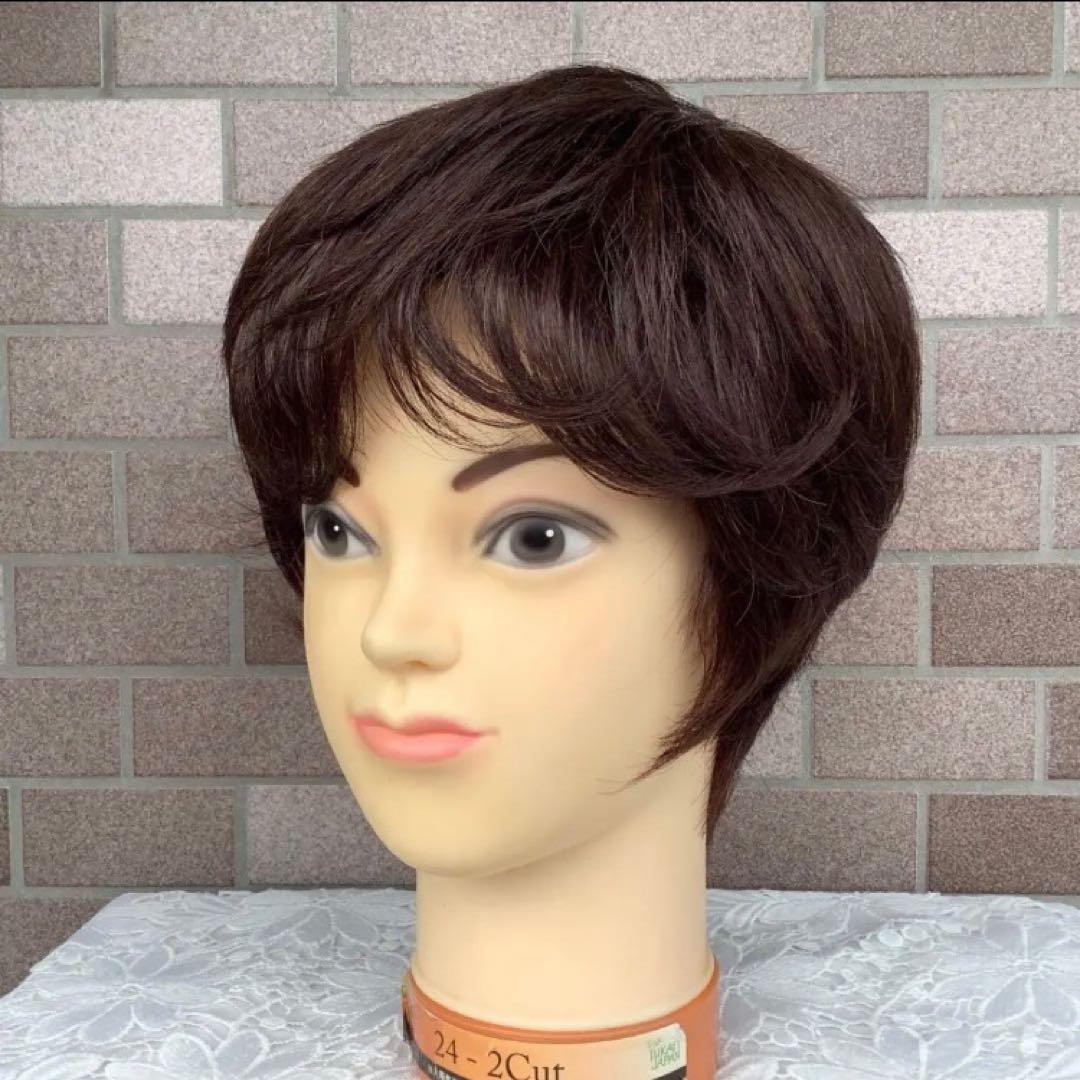 人毛100% 手植えフルウィッグ 医療ウィッグ ショートカール ダークブラウン