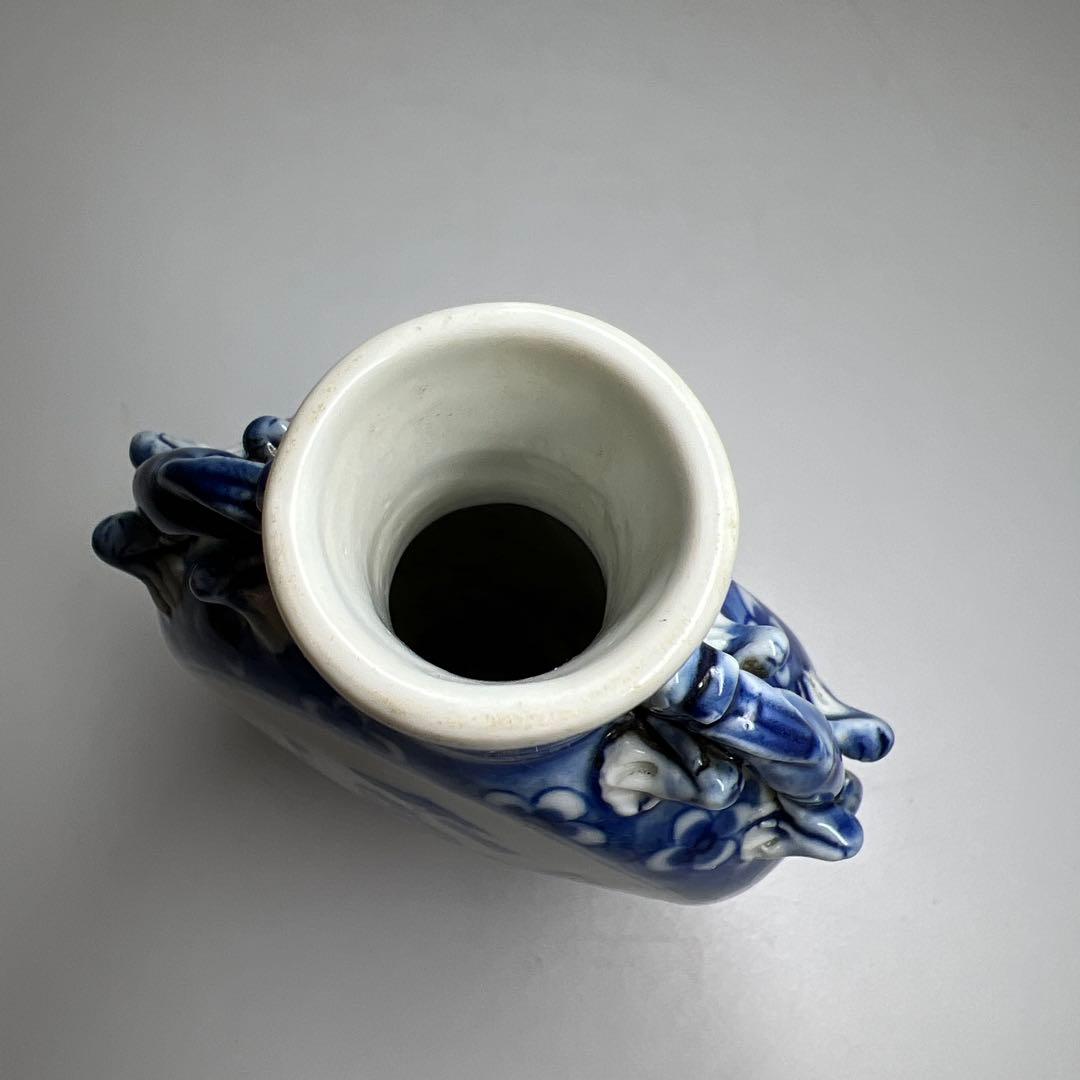 中国清時代　康熙年製　青花龍耳花入　木箱付　高約13.5㎝東Y7-1226☆2F