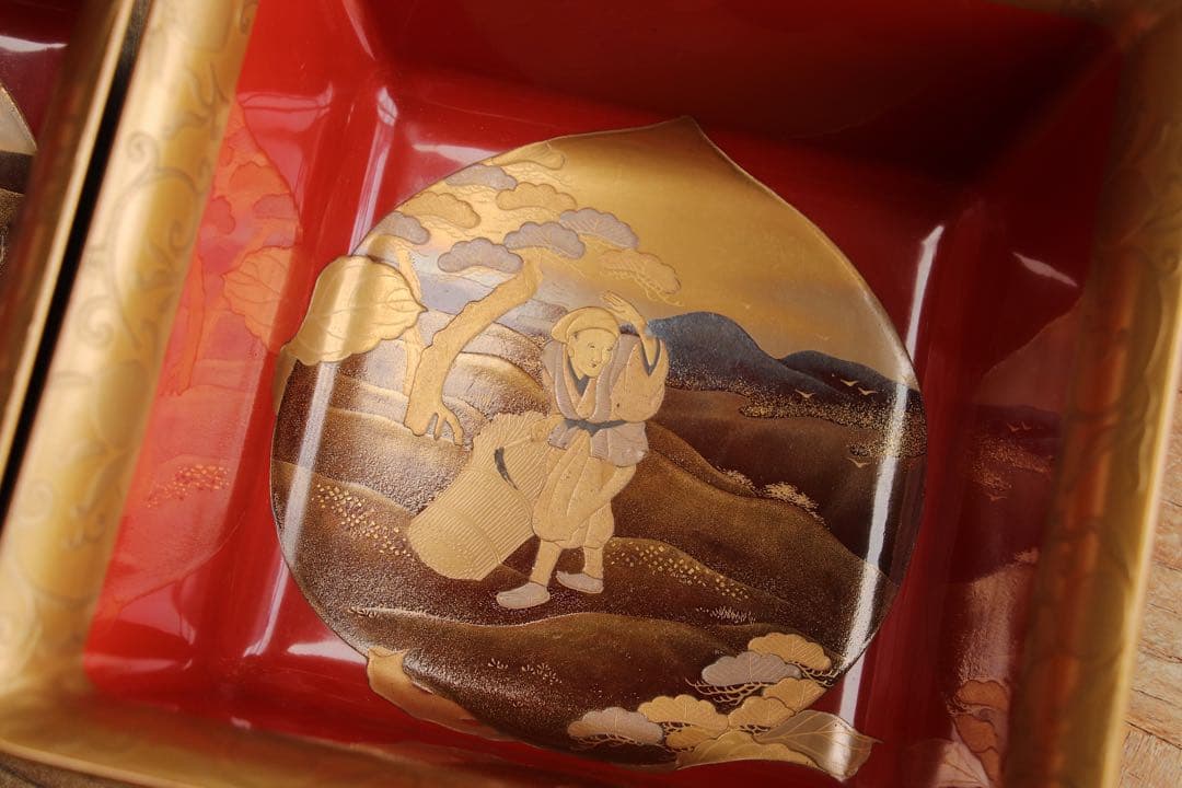 珍品 桃太郎蒔絵 盃洗 杯洗 一対 木箱 金蒔絵 木製漆器 時代物