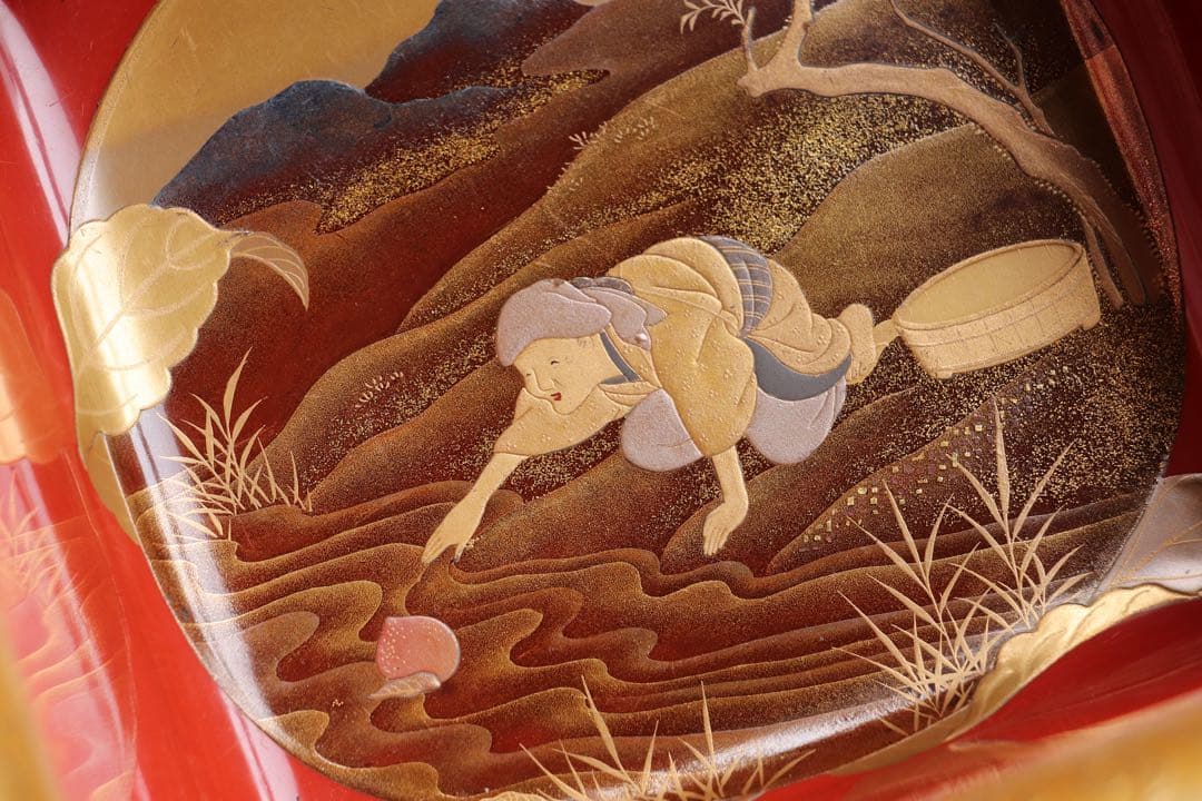 珍品　桃太郎蒔絵　盃洗　杯洗　一対　木箱　金蒔絵　木製漆器　時代物