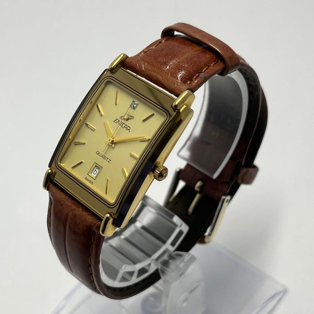 【美品・新品電池】石付き ENICAR エニカ 腕時計 スクエア 90年代モデル