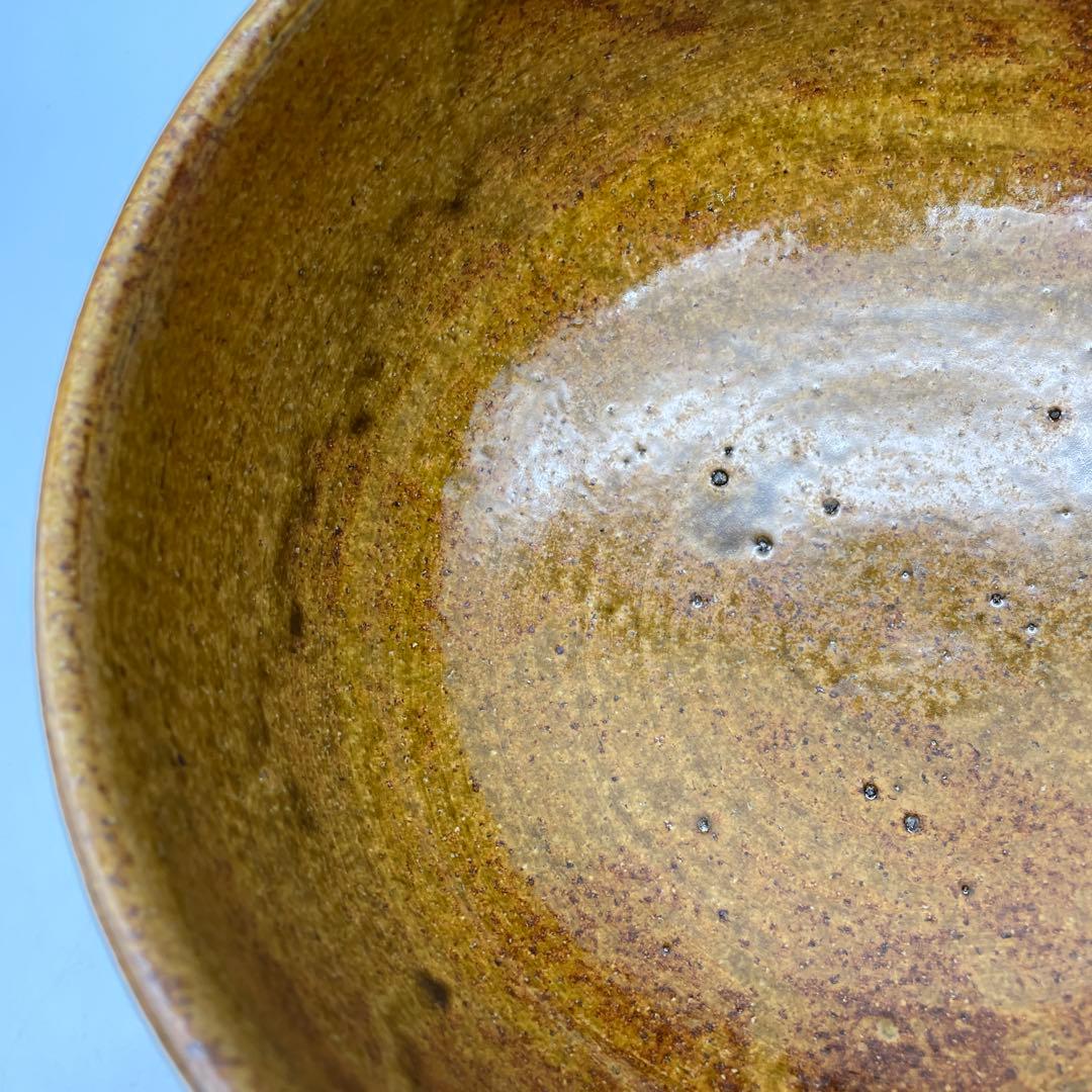 鳥取民藝　中井窯　牛ノ戸焼　波状模様の茶色陶器ボウル　足つき深鉢