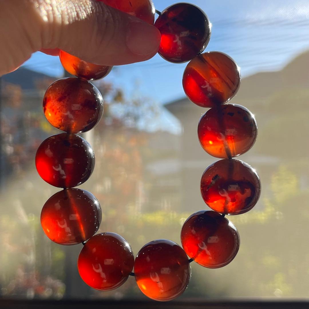 22mm 化石 琥珀 ブルー レッド アンバー 貴重 ブレスレット