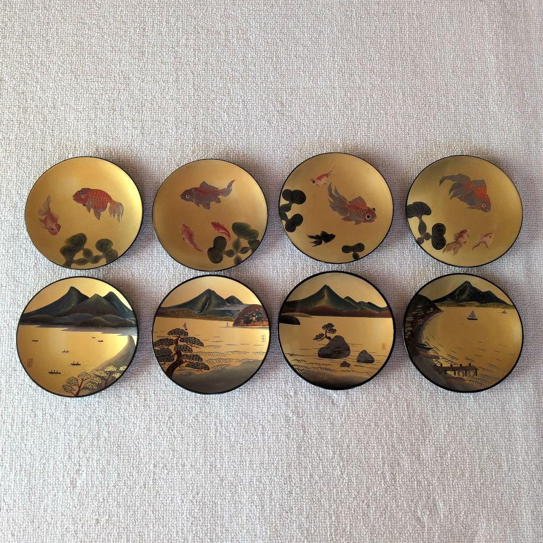 金地　金魚・猪苗代湖デザイン　金色小皿　8枚セット