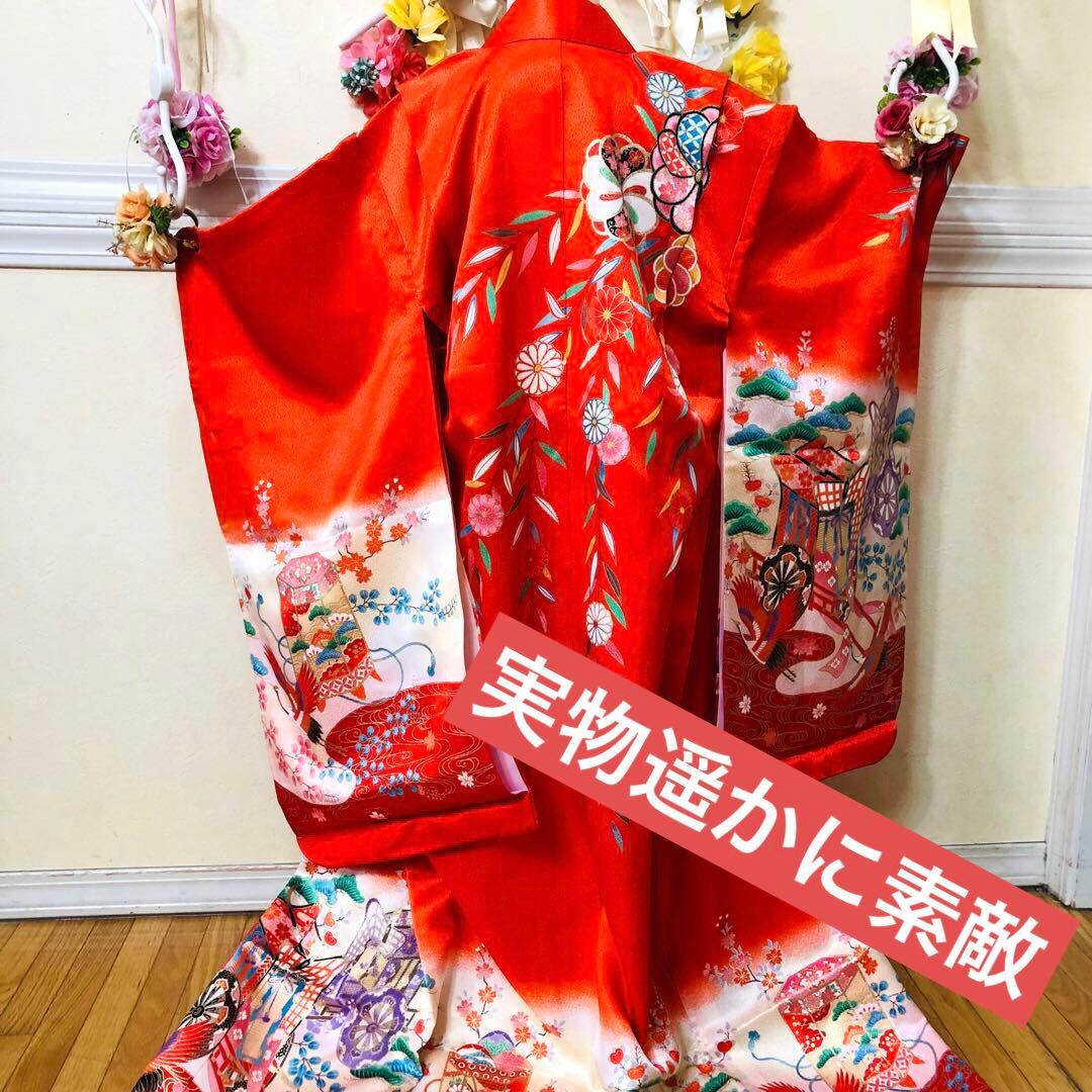 七五三7歳❣️人気赤地暈し古典柄❣️御所車鶴玉で箱金彩際立つ完全フルセット銘品