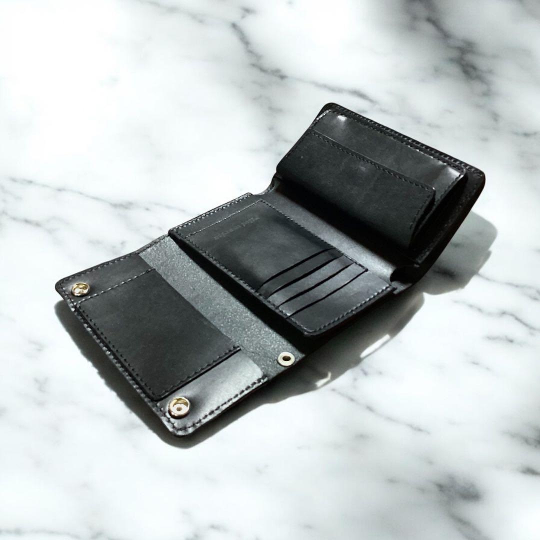 三つ折りミドルトラッカーウォレット　栃木レザー　オイルレザー　黒　ハンドメイド