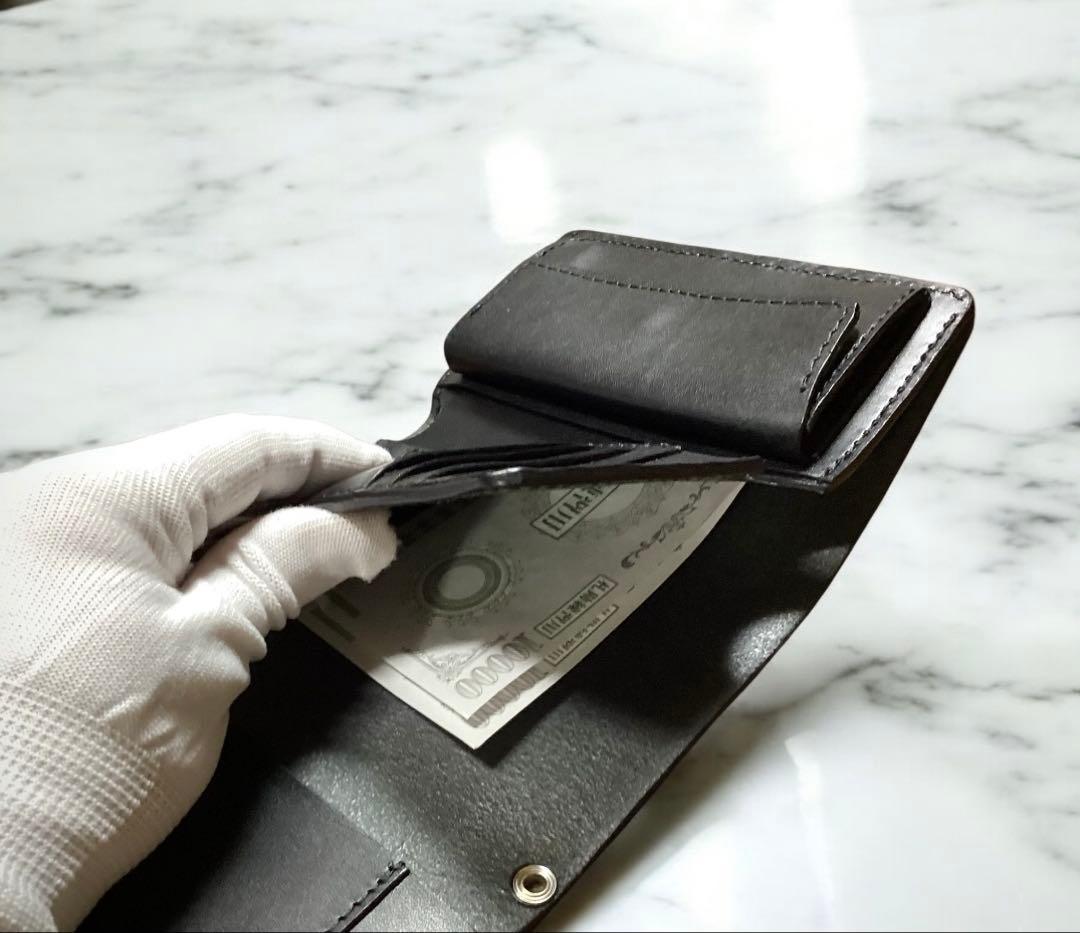 三つ折りミドルトラッカーウォレット　栃木レザー　オイルレザー　黒　ハンドメイド